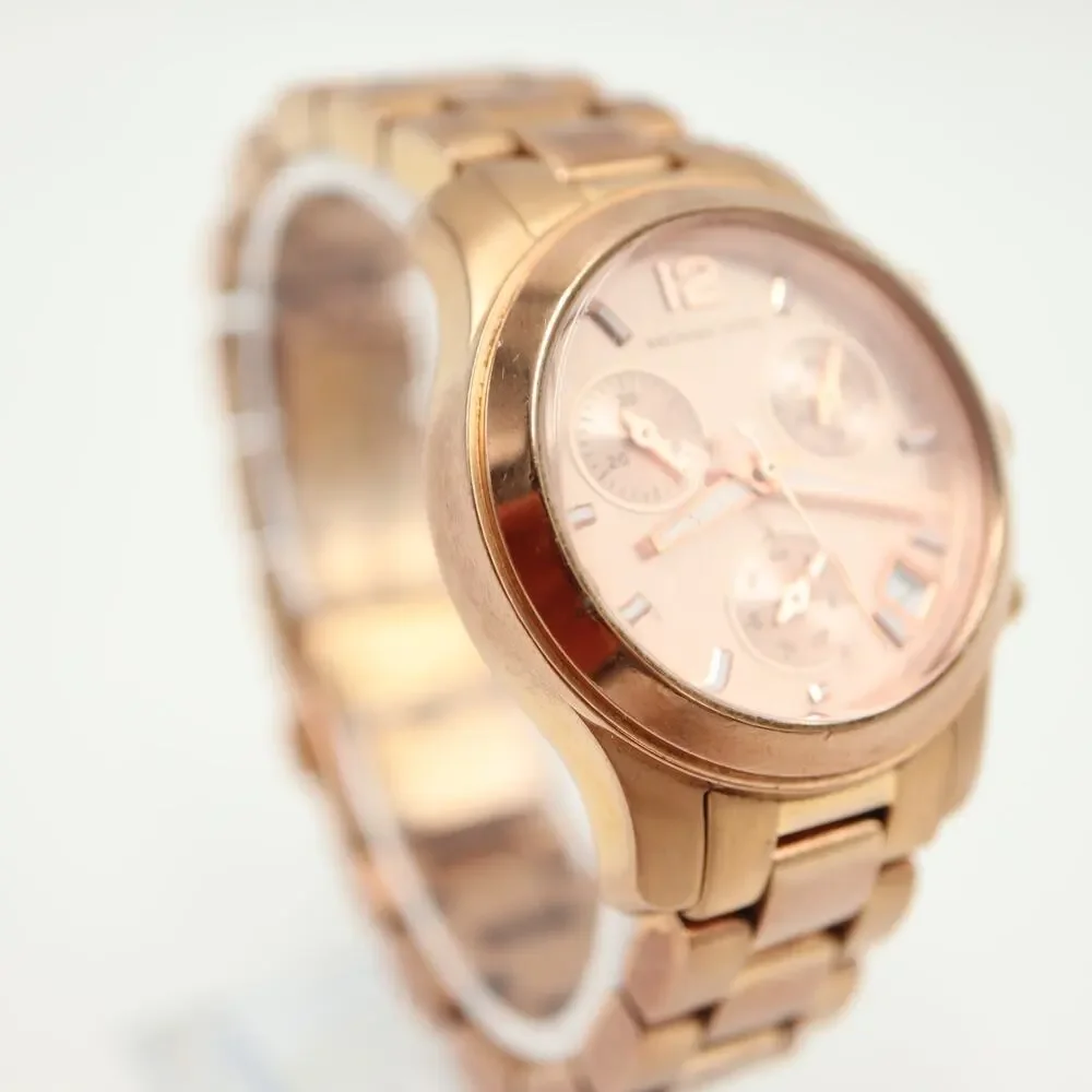 Michael Kors Rose Gold Tone Mecaquartz Chronograph Watch 33mm Date w New Battery